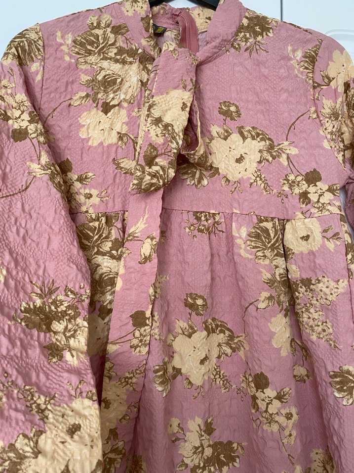 Pembe Çiçekli Uzun Keten Elbise - Görsel 3