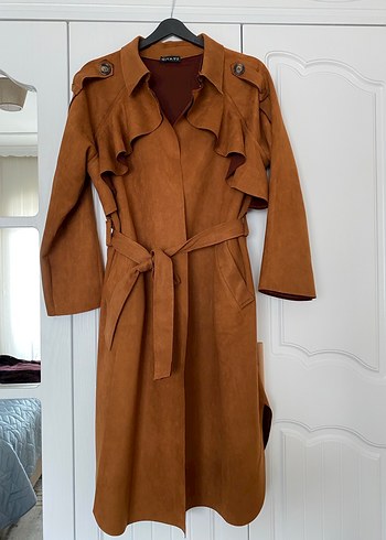 Kahverengi Süet Kemerli Kadın Trençkot - Görsel 2