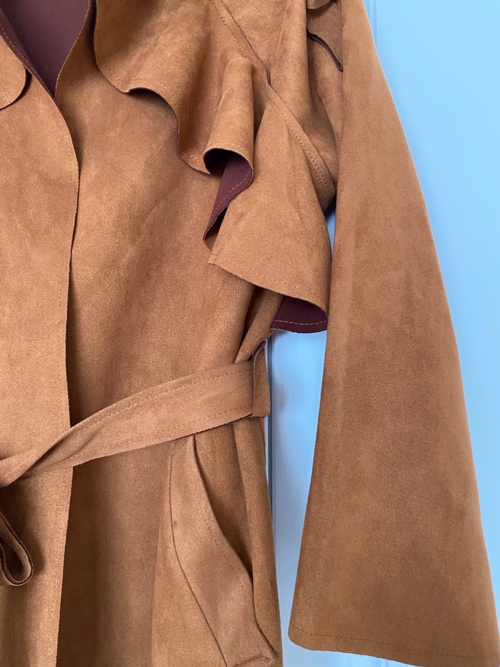 Kahverengi Süet Kemerli Kadın Trençkot - Görsel 4