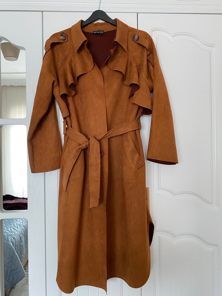 Kahverengi Süet Kemerli Kadın Trençkot - Görsel 2