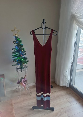 Bordo Nakışlı Bohem Midi trilo elbise - Görsel 3