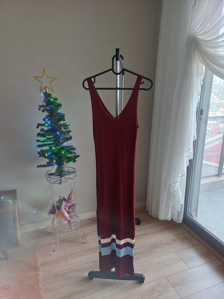 Bordo Nakışlı Bohem Midi trilo elbise - Görsel 3