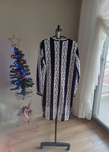 Dantel Detaylı Uzun Siyah Gri Kadın elbise - Görsel 2