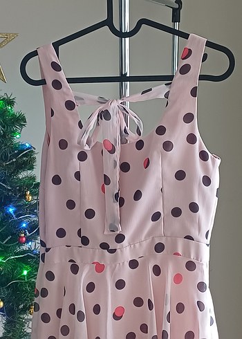 Puantiyeli Pembe Uzun Kadın Elbise - Görsel 2