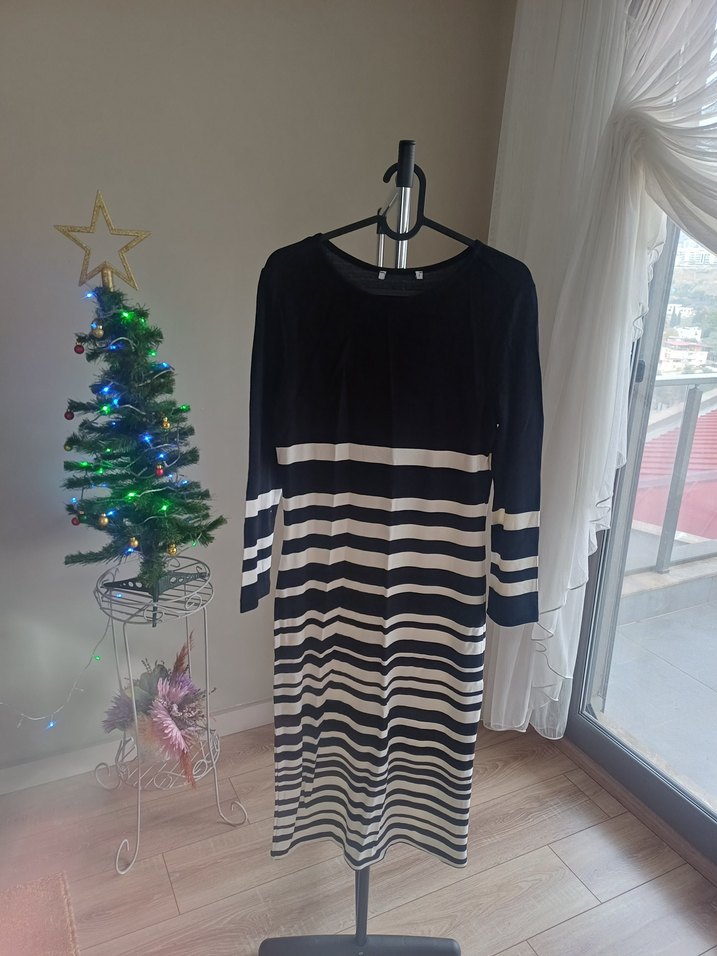 Çizgili Uzun Kollu Midi Triko Elbise - Görsel 2