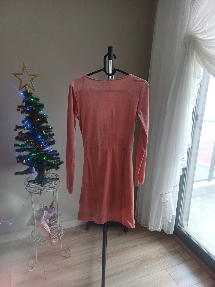 Pembe Drapeli V Yaka Midi Kadın Elbise - Görsel 2