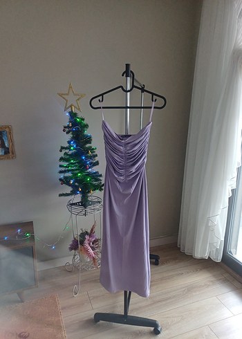 Uzun Askılı Mor Drapeli Abiye straplez Elbise - Görsel 2