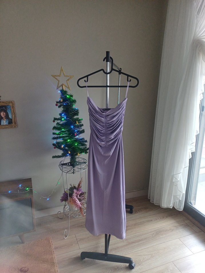 Uzun Askılı Mor Drapeli Abiye straplez Elbise - Görsel 2