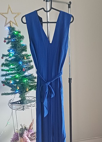 Mavi V Yakalı Drapeli Uzun Tulum - Görsel 2