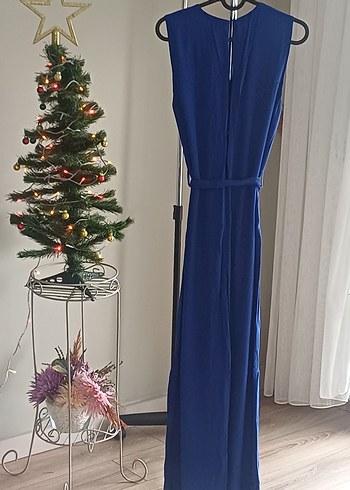 Mavi V Yakalı Drapeli Uzun Tulum - Görsel 3