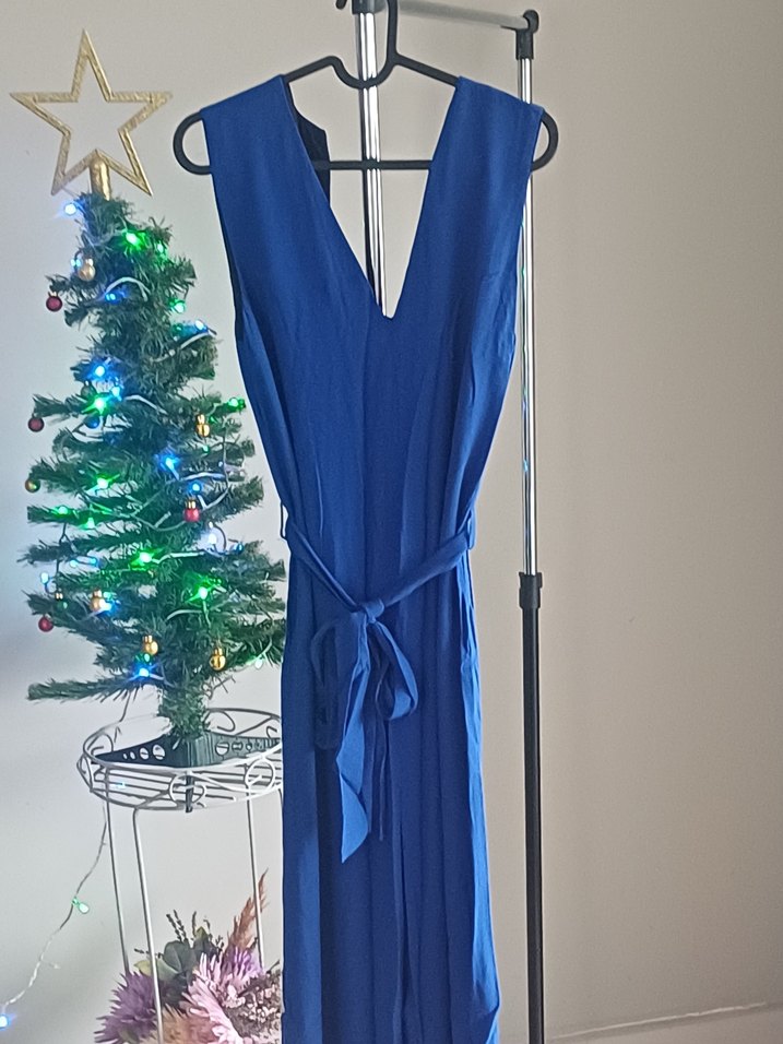 Mavi V Yakalı Drapeli Uzun Tulum - Görsel 2