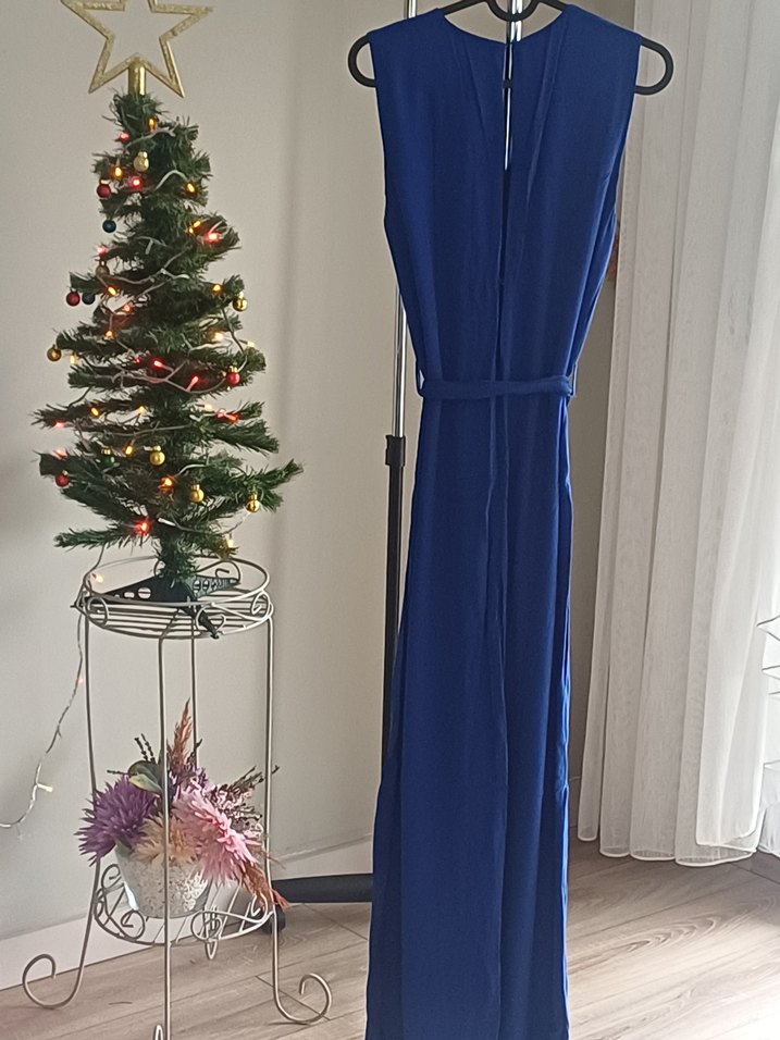 Mavi V Yakalı Drapeli Uzun Tulum - Görsel 3