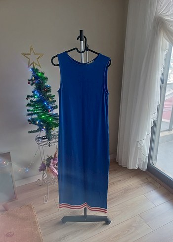 Mavi Uzun Kolsuz Drapeli Elbise - Görsel 2