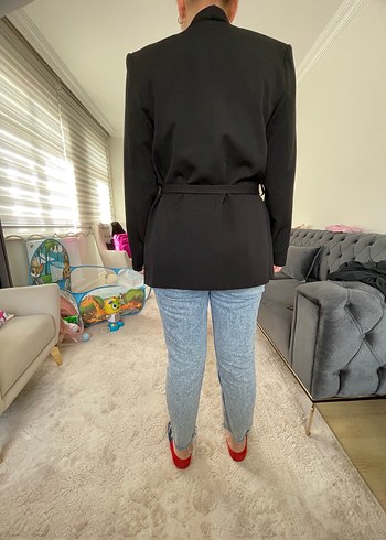 Siyah Kuşaklı Midi Denim Blazer - Görsel 4