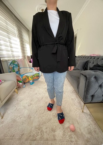 Siyah Kuşaklı Midi Denim Blazer - Görsel 2