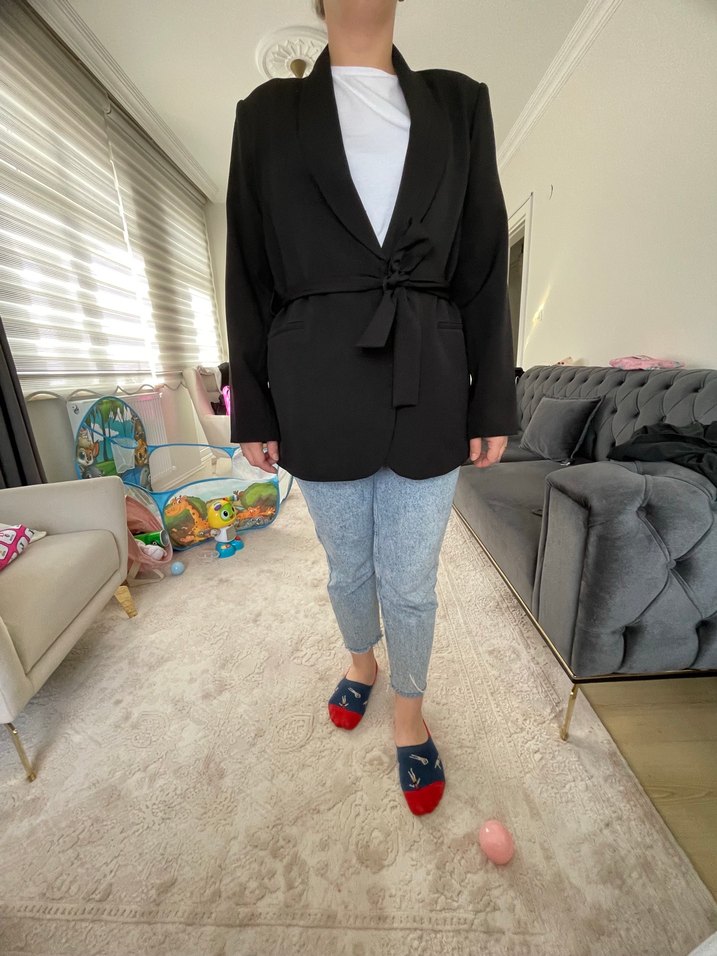 Siyah Kuşaklı Midi Denim Blazer - Görsel 2