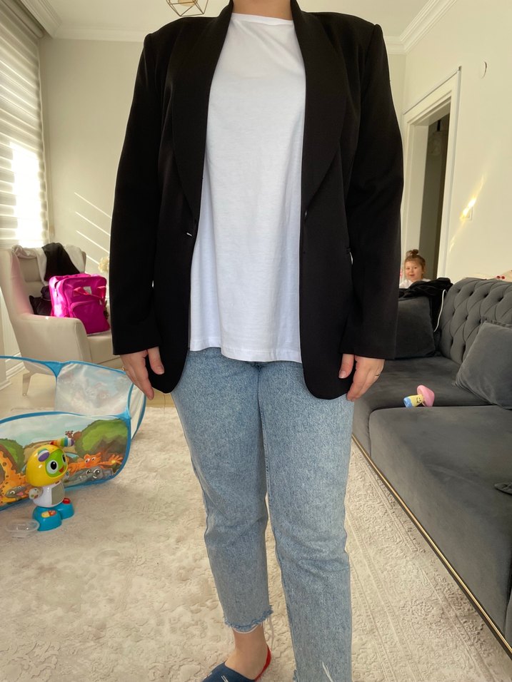 Siyah Kuşaklı Midi Denim Blazer - Görsel 3