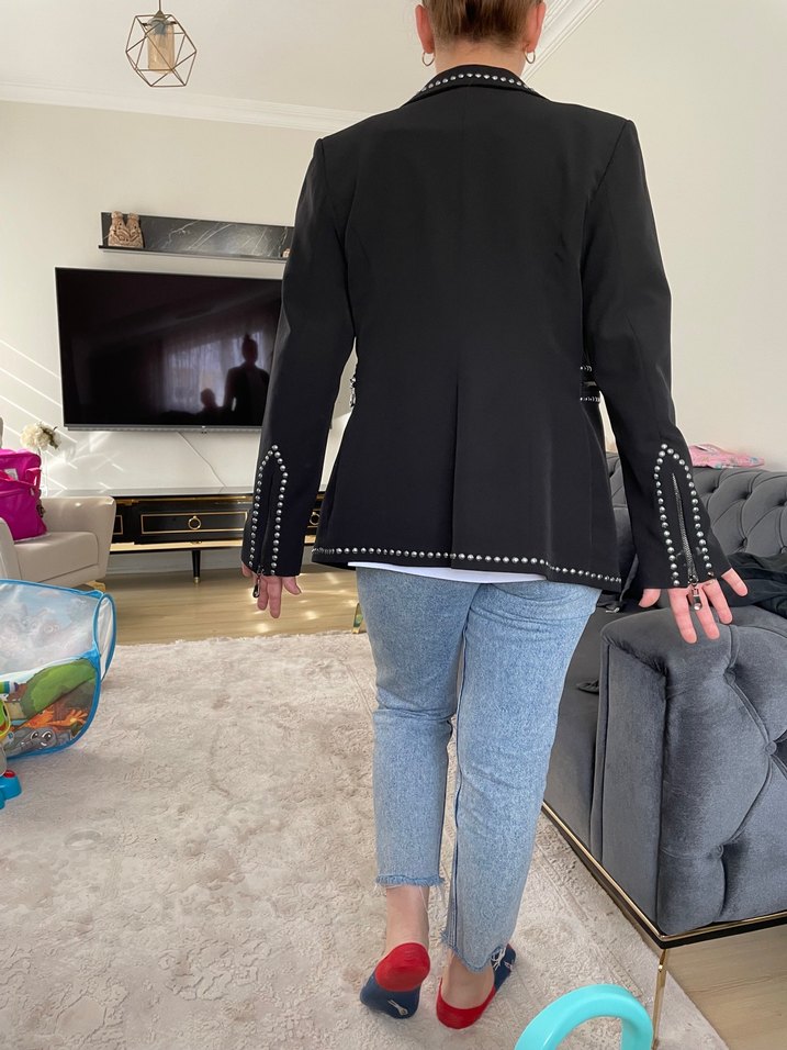 Siyah Düğmeli Denim Kadın Blazer - Görsel 3