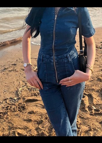 Kadın Lacivert Denim Kısa Kollu Tulum - Görsel 2