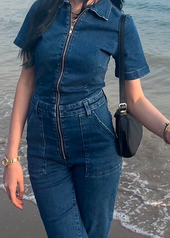 Kadın Lacivert Denim Kısa Kollu Tulum - Görsel 3