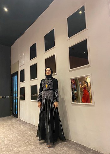 Uzun Siyah Gotik Desenli Kadın Elbise - Görsel 2