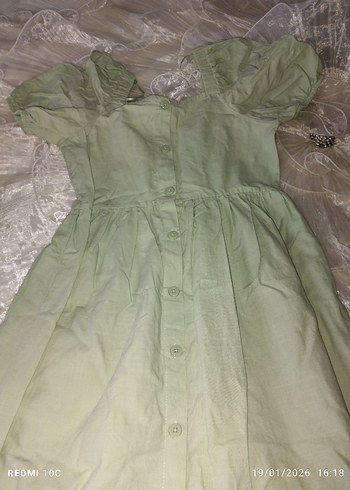 Düğmeli Yeşil Midi Keten Elbise - Görsel 3