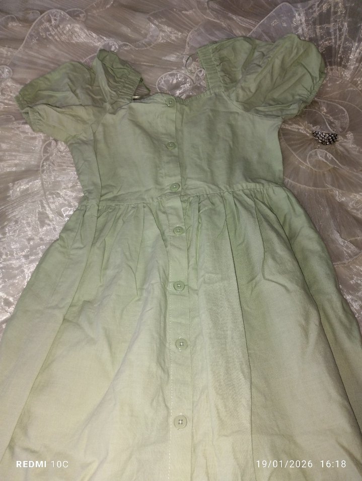 Düğmeli Yeşil Midi Keten Elbise - Görsel 3