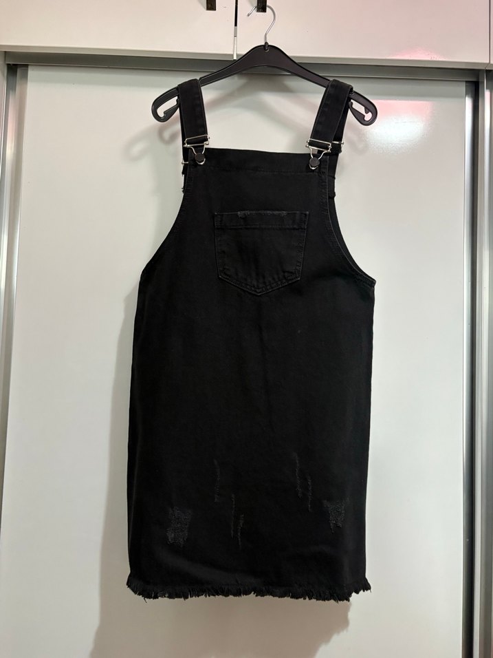 Siyah Kot Mini Askılı Tulum - Görsel 2