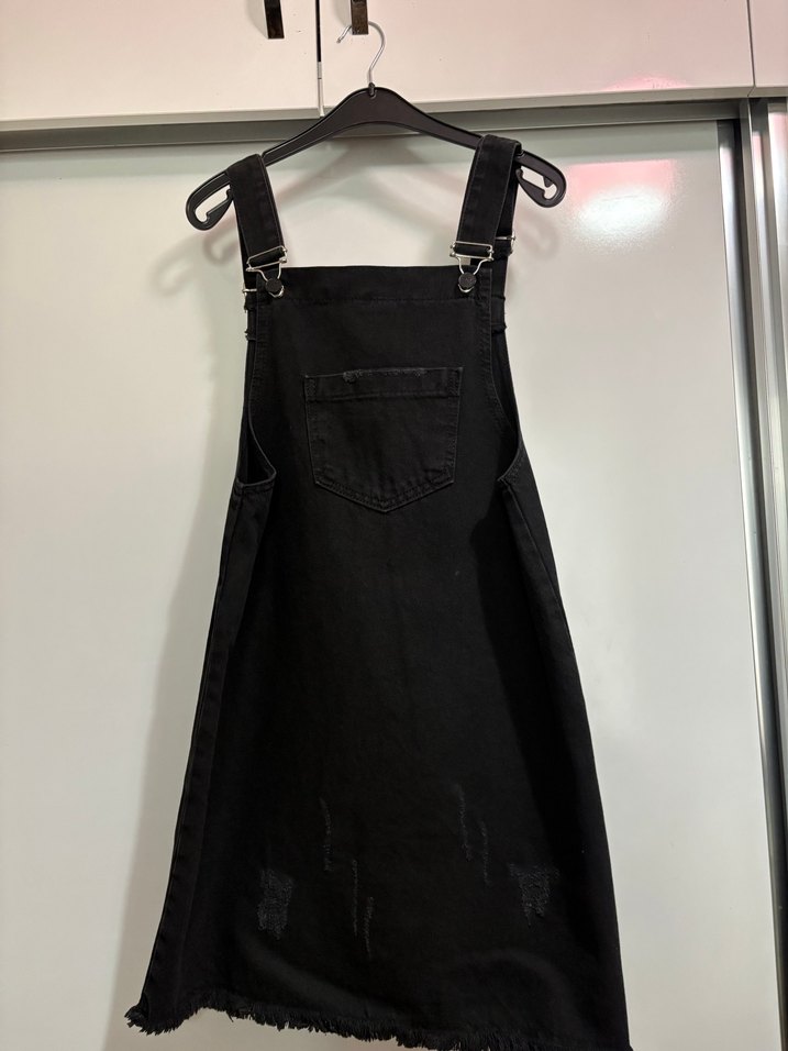 Siyah Kot Mini Askılı Tulum - Görsel 3