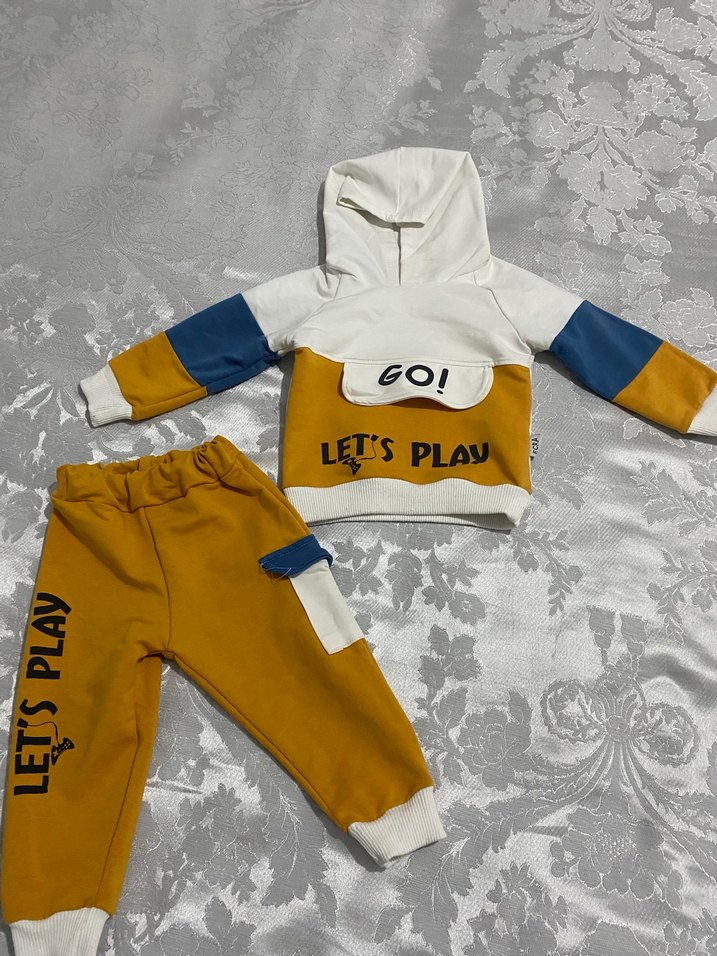 Sarı Kapüşonlu Bebek Takımı Velcro Detaylı - Görsel 2