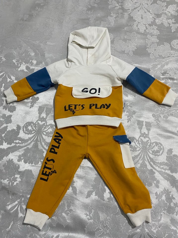 Sarı Kapüşonlu Bebek Takımı Velcro Detaylı - Görsel 5