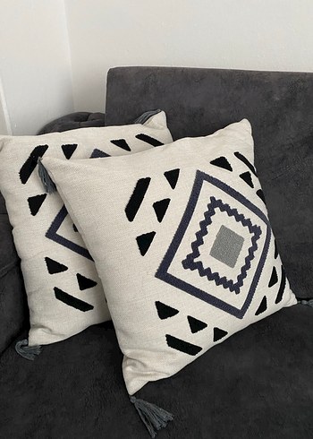 Bohem Nakışlı Gri Beyaz Dekoratif Yastık - Görsel 7