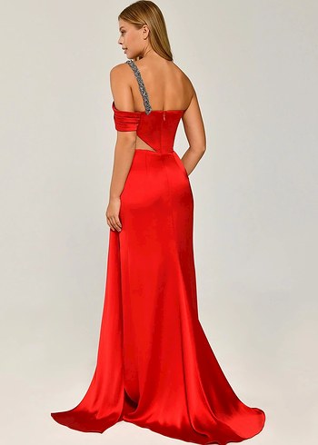 Alfabeta Parlak Kırmızı Drapeli Uzun Abiye Elbise - Görsel 3
