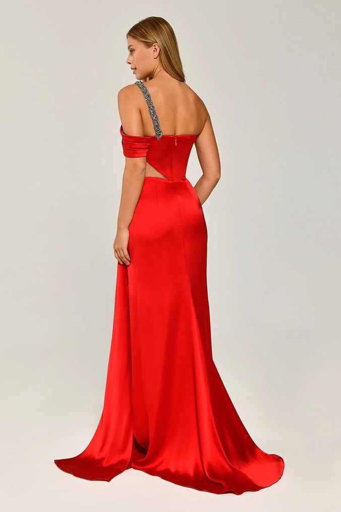 Alfabeta Parlak Kırmızı Drapeli Uzun Abiye Elbise - Görsel 3