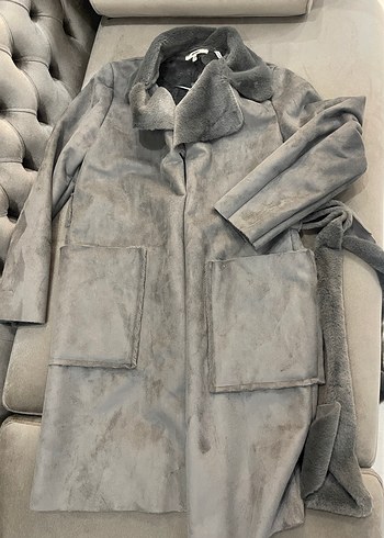 Gri Süet Kadın Uzun Kürklü Kaban - Görsel 2