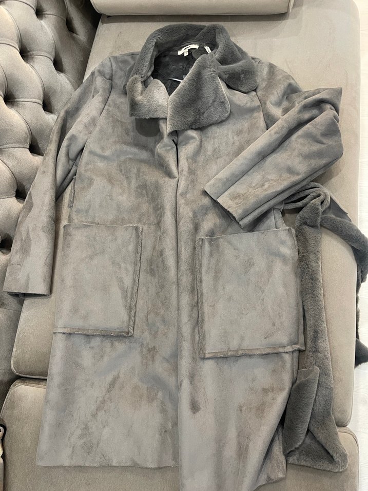 Gri Süet Kadın Uzun Kürklü Kaban - Görsel 2