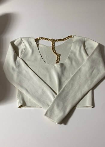 Zincir Detaylı Beyaz Kadın Triko - Görsel 4