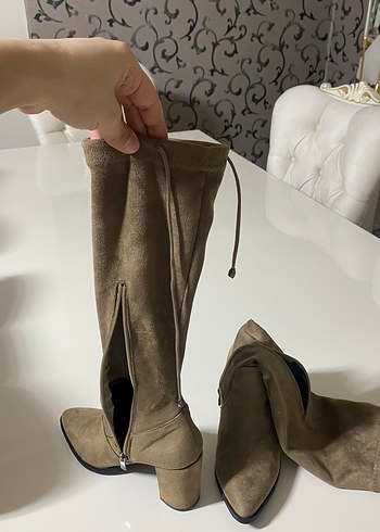 Bej Süet Dizüstü İnce Topuklu Çizme - Görsel 2