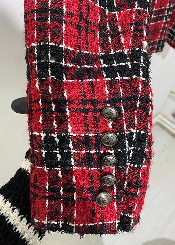 Kareli Kırmızı Kadın  Blazer Ceket - Görsel 6
