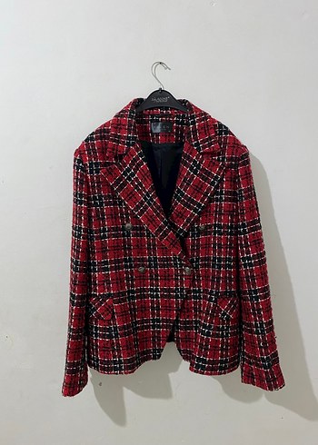 Kareli Kırmızı Kadın  Blazer Ceket - Görsel 2