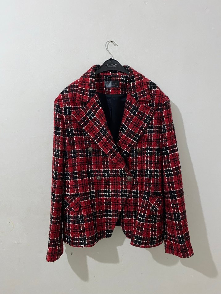 Kareli Kırmızı Kadın  Blazer Ceket - Görsel 2