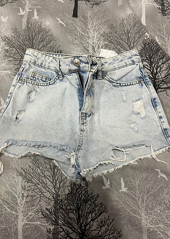 Düğmeli Bağlama Desenli Mini Denim Şort - Görsel 7