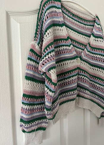 Renkli Çizgili Örgü Kadın Hırka - Görsel 2