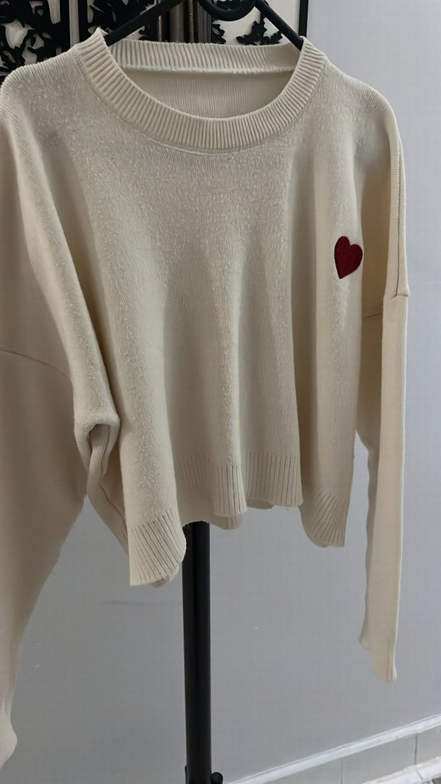 Beyaz Nakışlı Örgü Salaş Kadın Kazak - Görsel 2