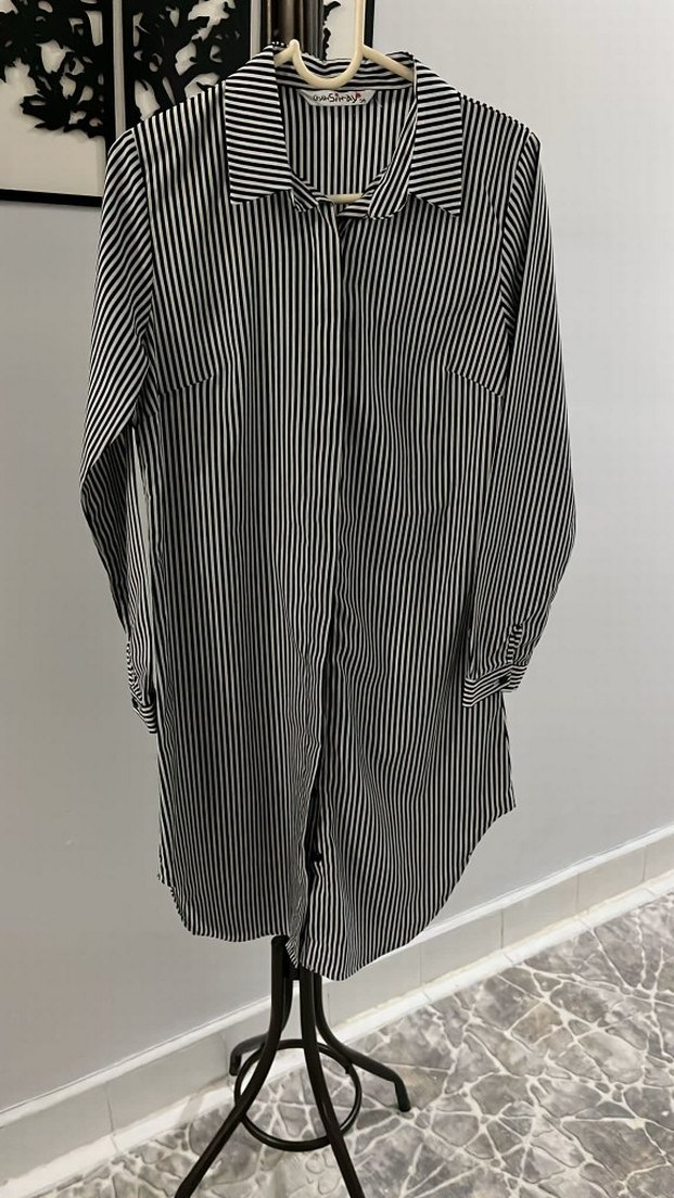 Gri Çizgili Uzun Kollu Kadın Gömlek - Görsel 3