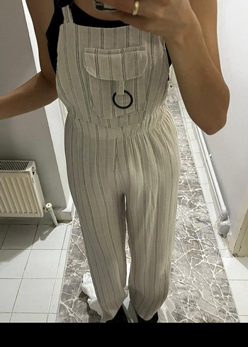 Çizgili Keten Kadın Tulum - Görsel 2