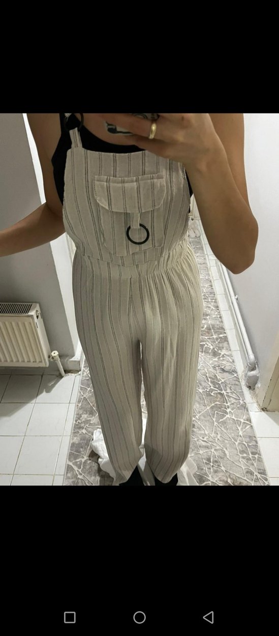 Çizgili Keten Kadın Tulum - Görsel 2