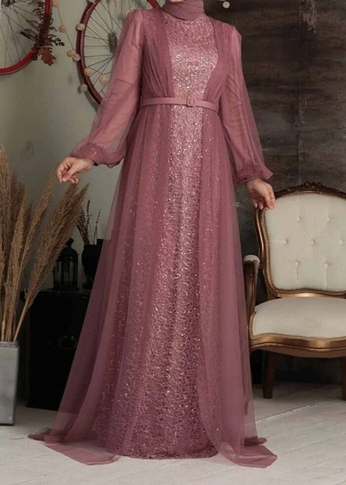 Pul payetli Gül kurusu tesettür abiye elbise - Görsel 2