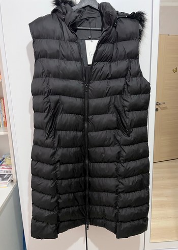 Siyah Kapüşonlu Kadın Şişme Yelek Mont - Görsel 7