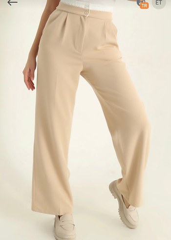 Bej Bel Lastik Garnili Palazzo Pantolon Kadın - Görsel 2